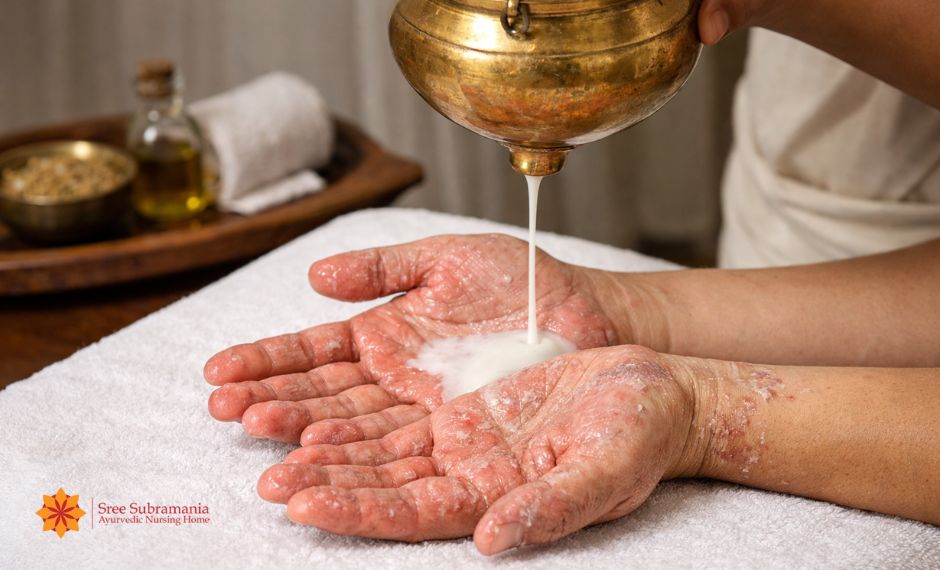 Palmoplantar psoriasis treatment with Takradhara